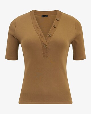 Fitted Ribbed V-Neck Elbow Sleeve Henley Tee
