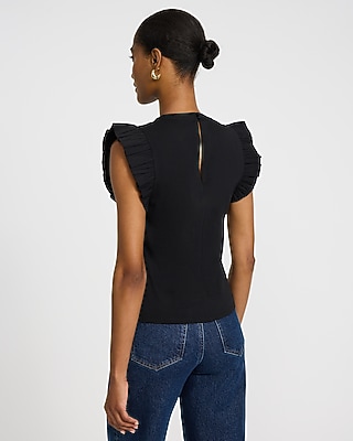 Mixed Media Crew Neck Flutter Sleeve Tee - thumbnail 7