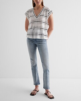 Skimming Striped V-Neck Short Sleeve Tee