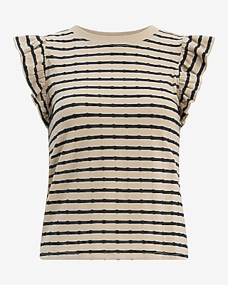 Cotton Jacquard Striped Crew Neck Flutter Sleeve Tee