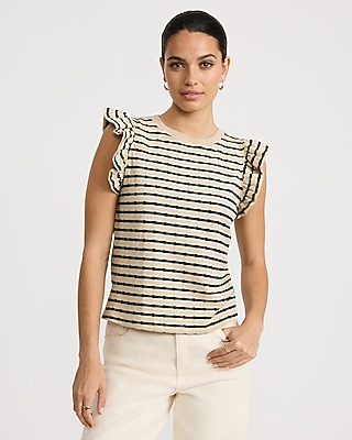 Cotton Jacquard Striped Crew Neck Flutter Sleeve Tee