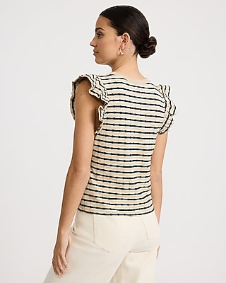 Cotton Jacquard Striped Crew Neck Flutter Sleeve Tee