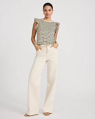 Cotton Jacquard Striped Crew Neck Flutter Sleeve Tee