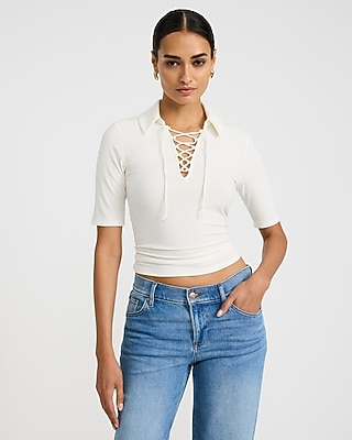 Fitted Ribbed Off The Shoulder Overlay Top | Express