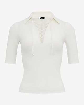 Fitted Ribbed Lace Up Elbow Sleeve Polo