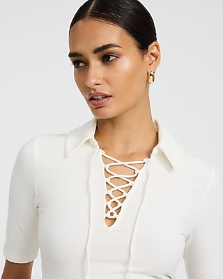 Fitted Ribbed Lace Up Elbow Sleeve Polo