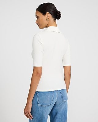 Fitted Ribbed Lace Up Elbow Sleeve Polo