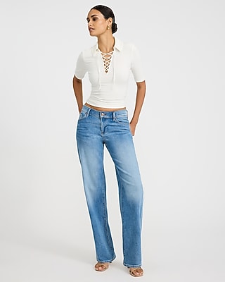 Fitted Ribbed Lace Up Elbow Sleeve Polo