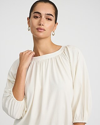 Cotton Crew Neck Elbow Sleeve Bubble Top