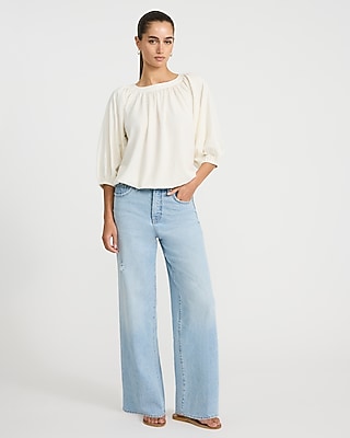 Cotton Crew Neck Elbow Sleeve Bubble Top
