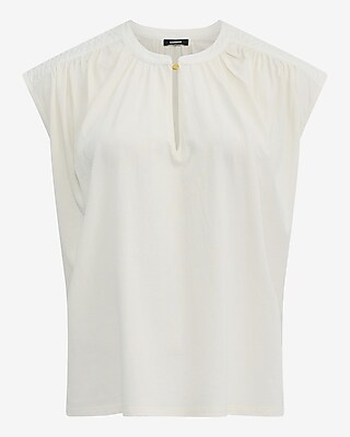 Crew Neck Cap Sleeve Novelty Button Keyhole Top