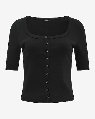 Ribbed Scoop Neck Elbow Sleeve Button Front Tee