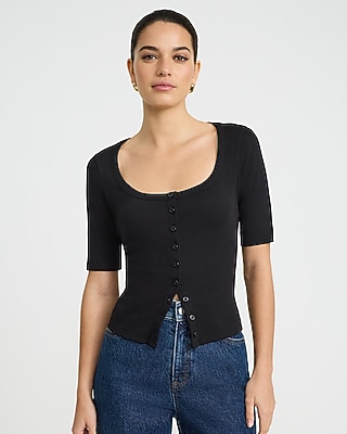 Ribbed Scoop Neck Elbow Sleeve Button Front Tee