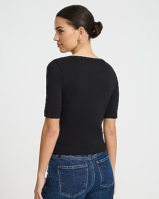 Ribbed Scoop Neck Elbow Sleeve Button Front Tee