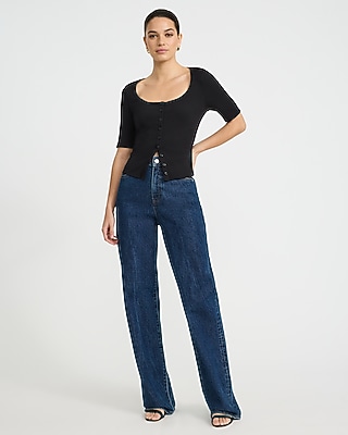 Ribbed Scoop Neck Elbow Sleeve Button Front Tee