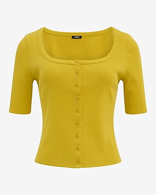 Ribbed Scoop Neck Elbow Sleeve Button Front Tee