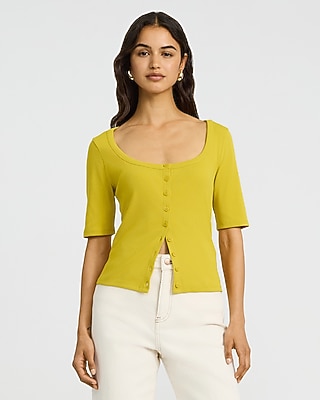 Ribbed Scoop Neck Elbow Sleeve Button Front Tee