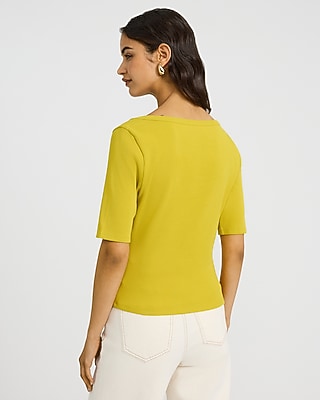 Ribbed Scoop Neck Elbow Sleeve Button Front Tee