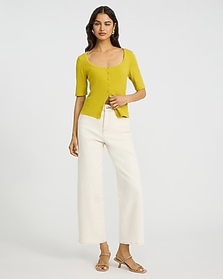 Ribbed Scoop Neck Elbow Sleeve Button Front Tee