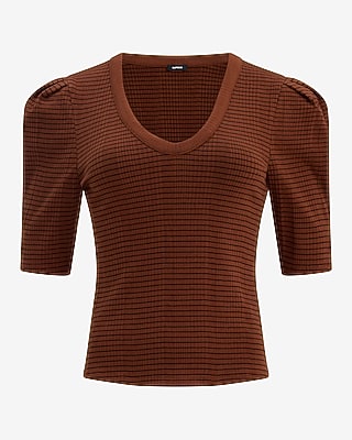 トップス S/S Tee Puff Dark Brown 110 Striped Ribbed Pleated Puff Sleeve Tee | Express