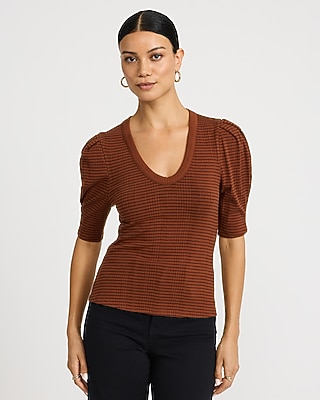 Striped Ribbed Pleated Puff Sleeve Tee