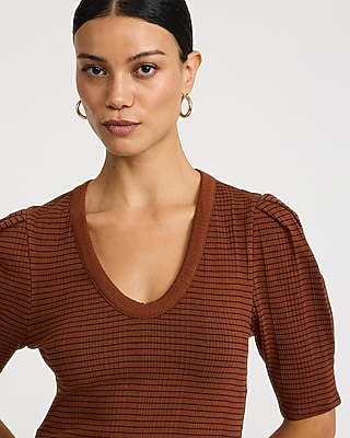 Striped Ribbed Pleated Puff Sleeve Tee