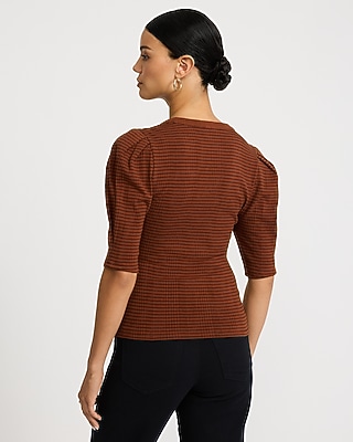 Striped Ribbed Pleated Puff Sleeve Tee
