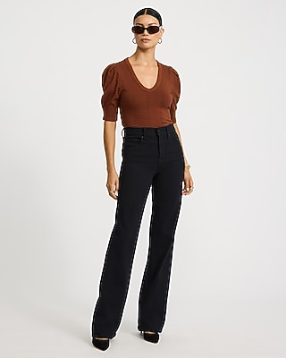 Striped Ribbed Pleated Puff Sleeve Tee