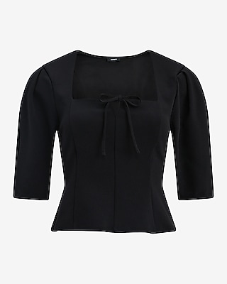 Bow Front Puff Sleeve Top Studio Stretch Crepe