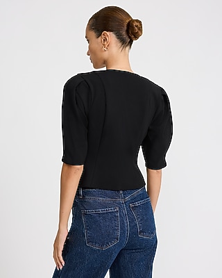 Bow Front Puff Sleeve Top Studio Stretch Crepe