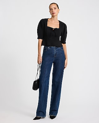 Bow Front Puff Sleeve Top Studio Stretch Crepe