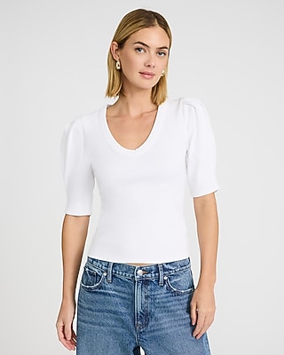 Ribbed Pleated Puff Sleeve Tee
