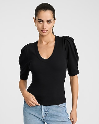 Ribbed Pleated Puff Sleeve Tee