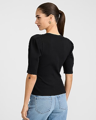 Ribbed Pleated Puff Sleeve Tee