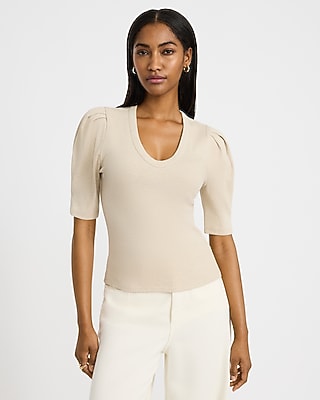Ribbed Pleated Puff Sleeve Tee