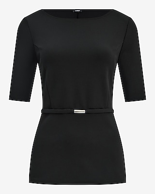 Boat Neck Short Sleeve Belted Tailored Top