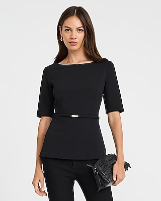 Boat Neck Short Sleeve Belted Tailored Top