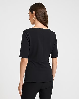 Boat Neck Short Sleeve Belted Tailored Top