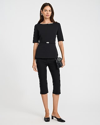 Boat Neck Short Sleeve Belted Tailored Top