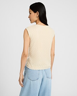 Textured Crochet Crew Neck Cap Sleeve Top - image 2