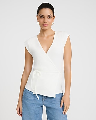 Ribbed V-Neck Tie Waist Wrap Tee - thumbnail 6