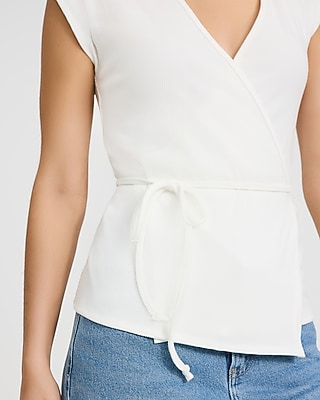 Ribbed V-Neck Tie Waist Wrap Tee - thumbnail 7
