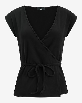 Ribbed V-Neck Tie Waist Wrap Tee