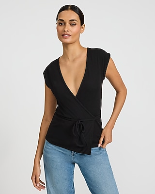 Ribbed V-Neck Tie Waist Wrap Tee