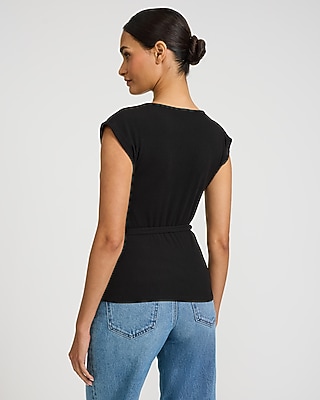 Ribbed V-Neck Tie Waist Wrap Tee