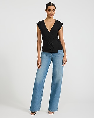 Ribbed V-Neck Tie Waist Wrap Tee