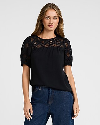 Crew Neck Puff Sleeve Eyelet Pieced Tee - image 2