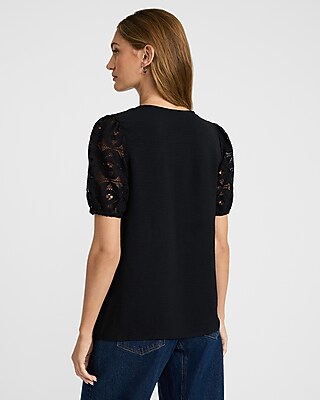 Crew Neck Puff Sleeve Eyelet Pieced Tee - image 3