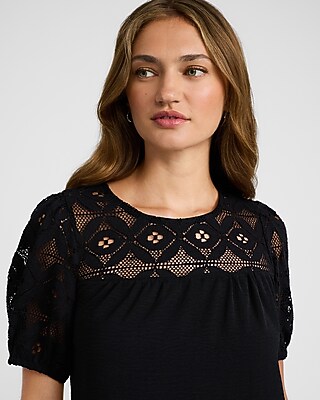 Crew Neck Puff Sleeve Eyelet Pieced Tee - image 4
