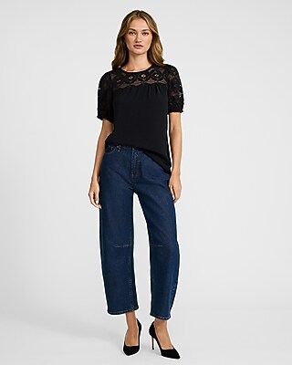 Crew Neck Puff Sleeve Eyelet Pieced Tee - image 5